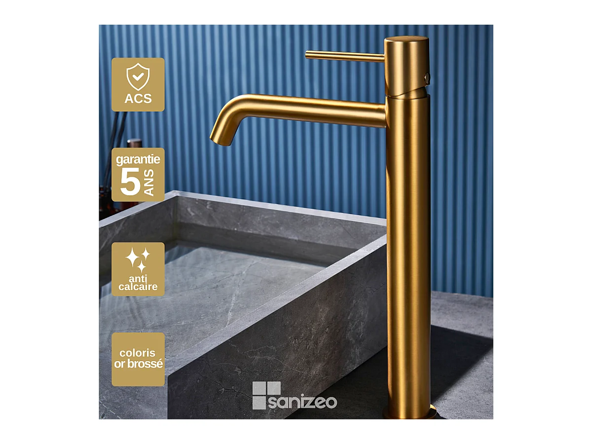 Robinet Mitigeur de Lavabo Anti-Calcaire Bec Haut Or Brossé IMEX MONZA BDM039-3OC