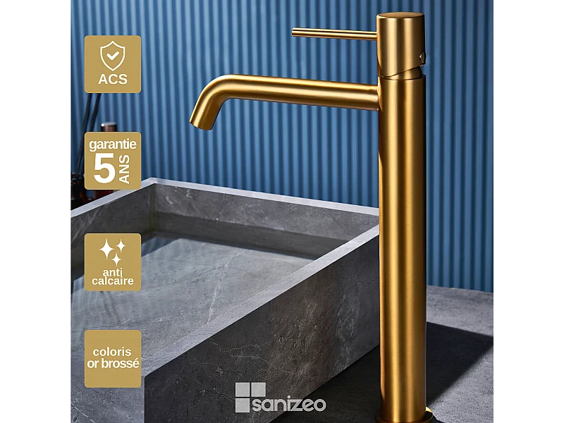 Robinet Mitigeur de Lavabo Anti-Calcaire Bec Haut Or Brossé IMEX MONZA BDM039-3OC