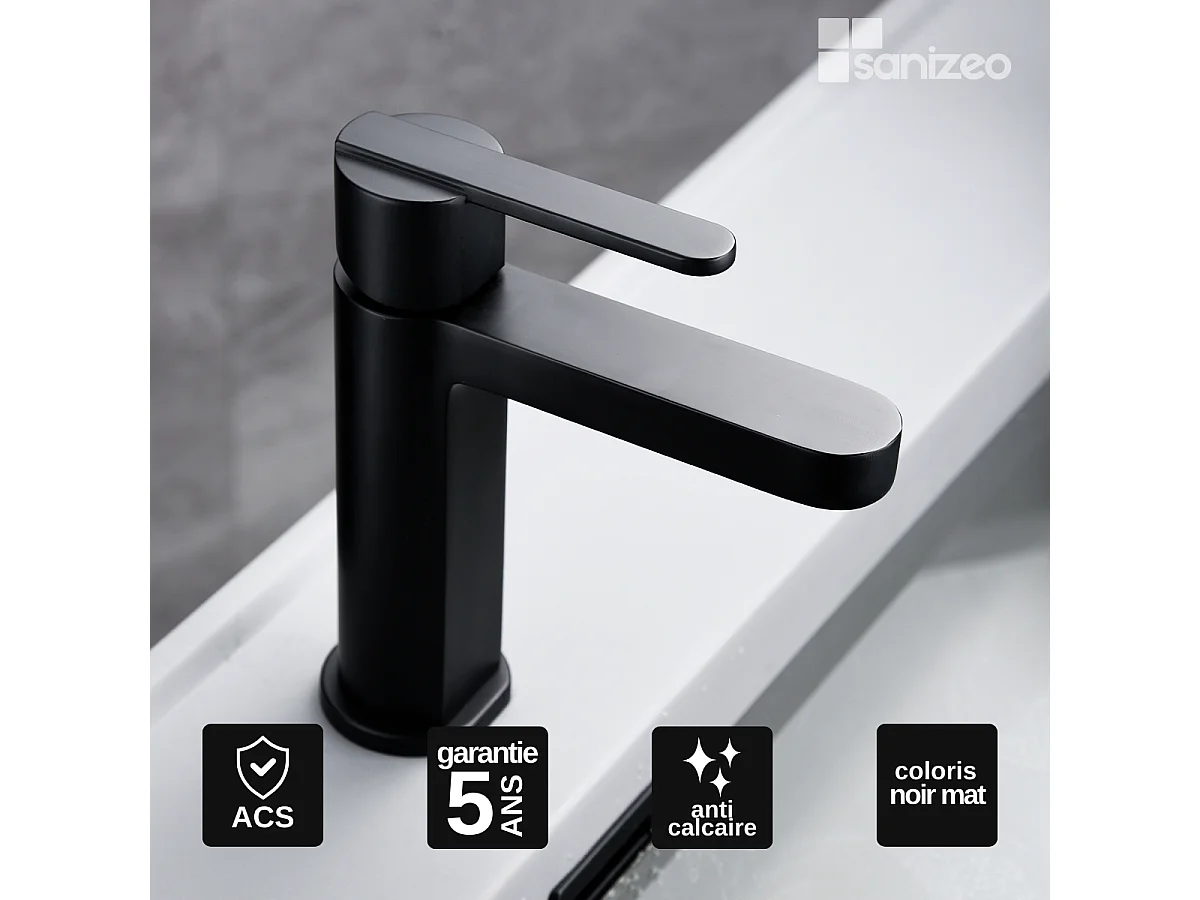 Mitigeur Lavabo Salle de Bain noir mat – Bec Bas Anti-Calcaire – Design moderne - ROMA IMEX