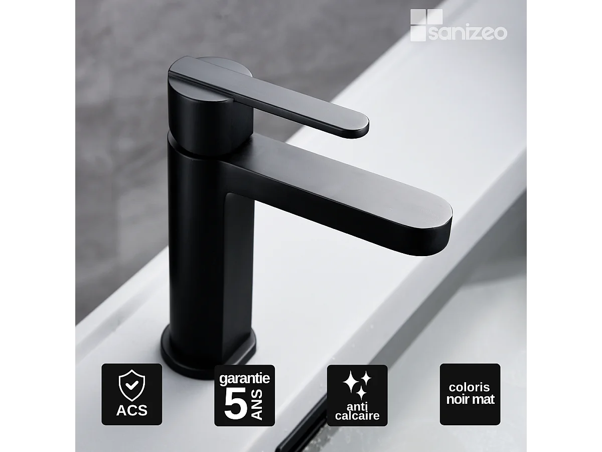 Mitigeur Lavabo Salle de Bain noir mat – Bec Bas Anti-Calcaire – Design moderne - ROMA IMEX