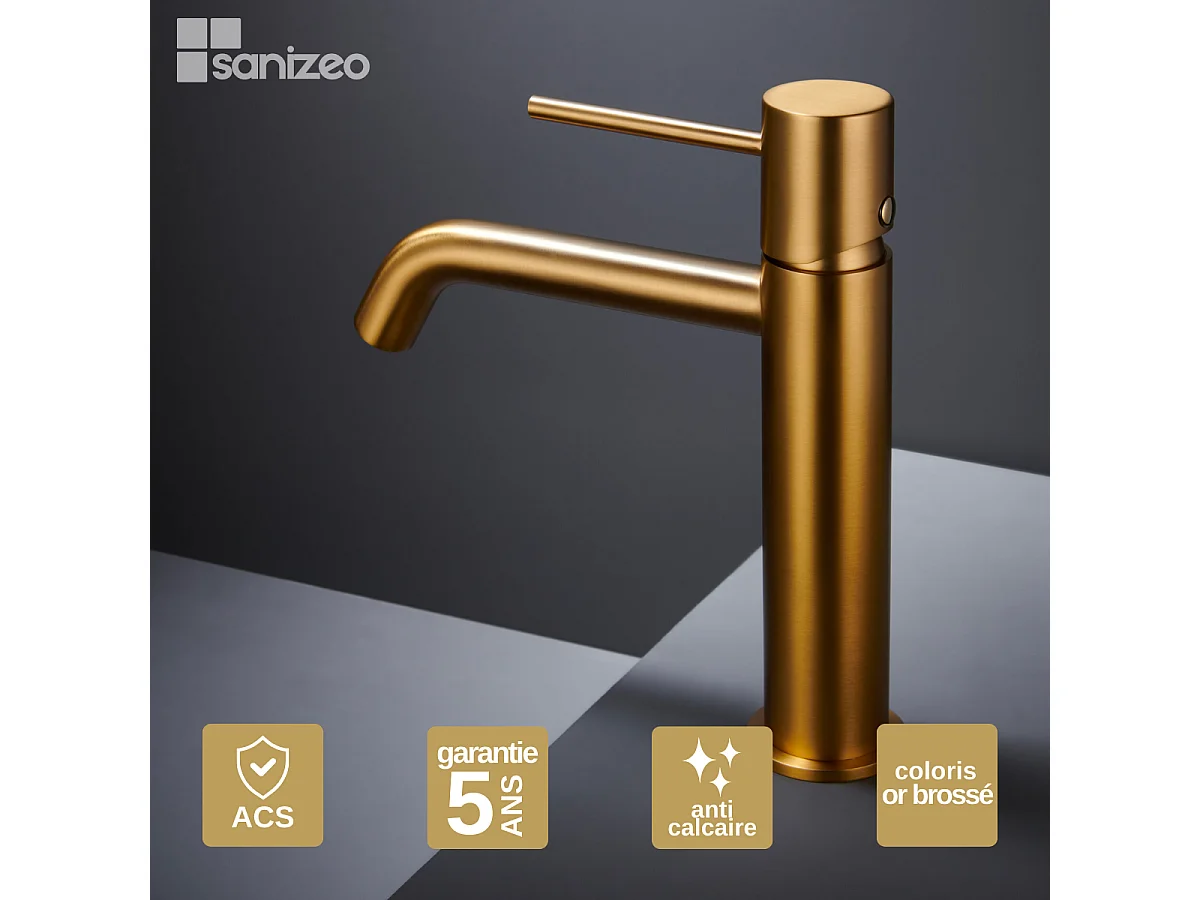 Robinet Mitigeur de Lavabo Anti-Calcaire Bec Bas Or Brossé IMEX MONZA BDM039-1OC