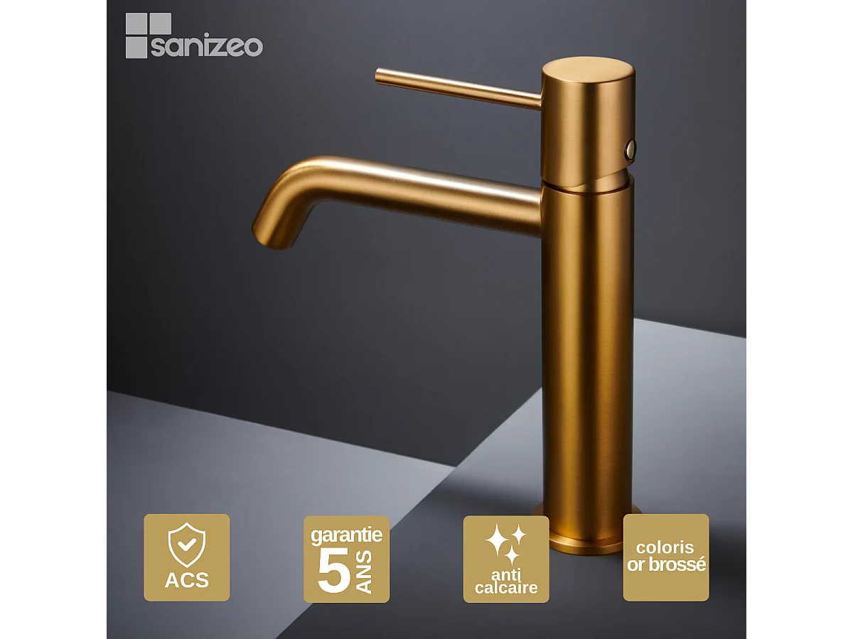 Robinet Mitigeur de Lavabo Anti-Calcaire Bec Bas Or Brossé IMEX MONZA BDM039-1OC