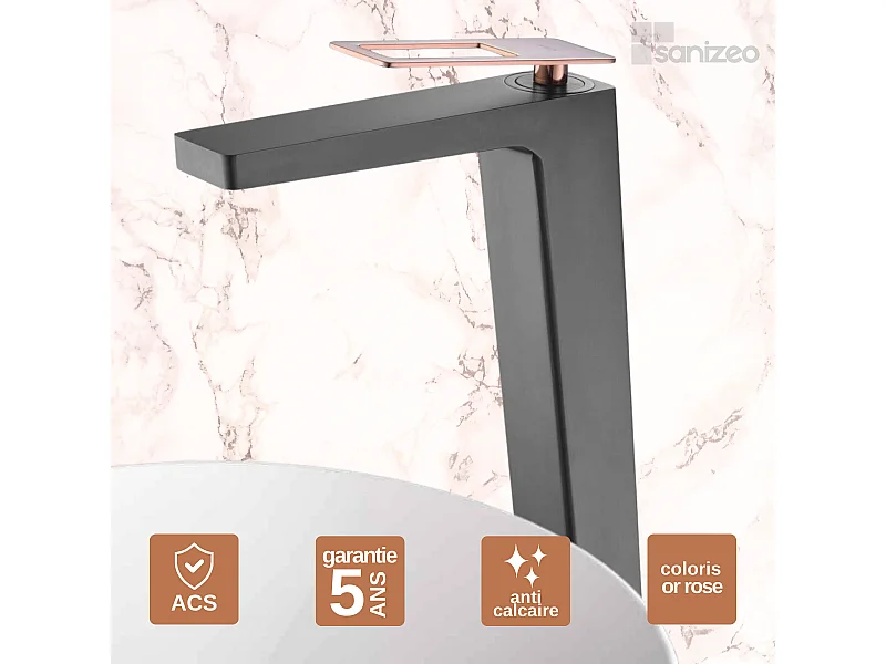 Mitigeur Lavabo Salle de Bain noir/or rose – Bec Haut Anti-Calcaire – Design Moderne - SUECIA IMEX