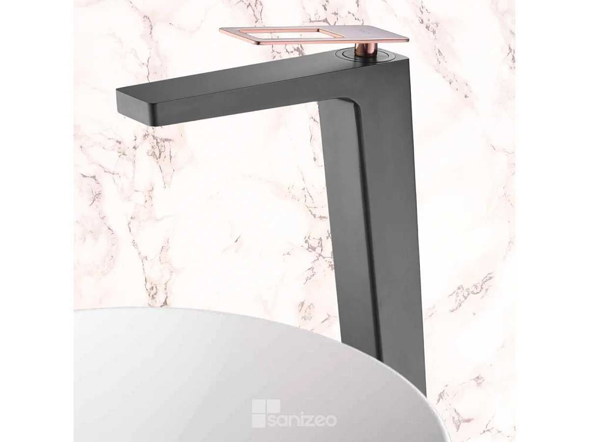 Mitigeur Lavabo Salle de Bain noir/or rose – Bec Haut Anti-Calcaire – Design Moderne - SUECIA IMEX