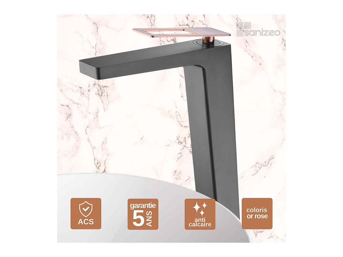 Robinet Mitigeur de Lavabo Anti-Calcaire Bec Haut Noir Mat et Or Rose Cuivré IMEX SUECIA BDC032-3NOR