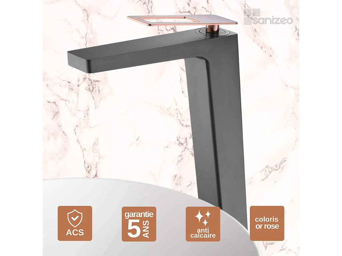 Mitigeur Lavabo Salle de Bain noir/or rose – Bec Haut Anti-Calcaire – Design Moderne - SUECIA IMEX