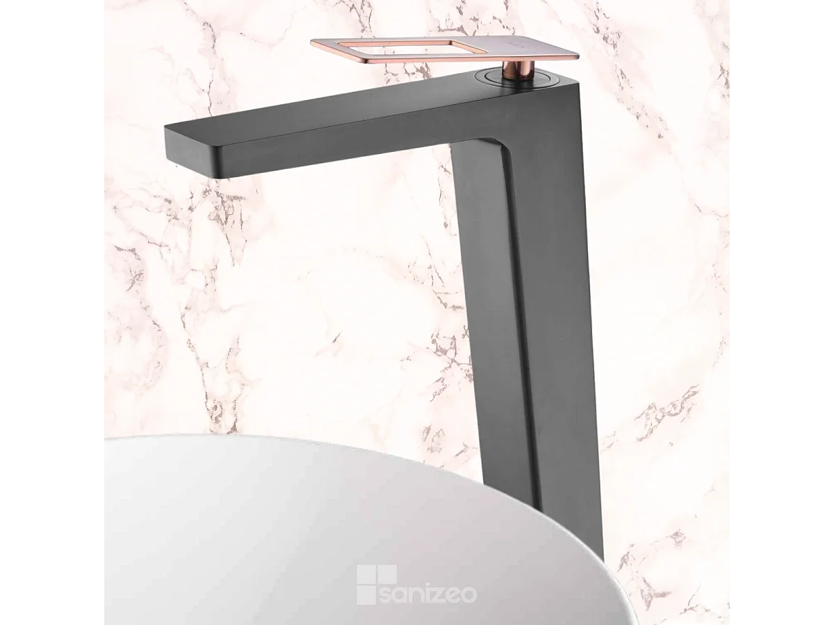 Mitigeur Lavabo Salle de Bain noir/or rose – Bec Haut Anti-Calcaire – Design Moderne - SUECIA IMEX