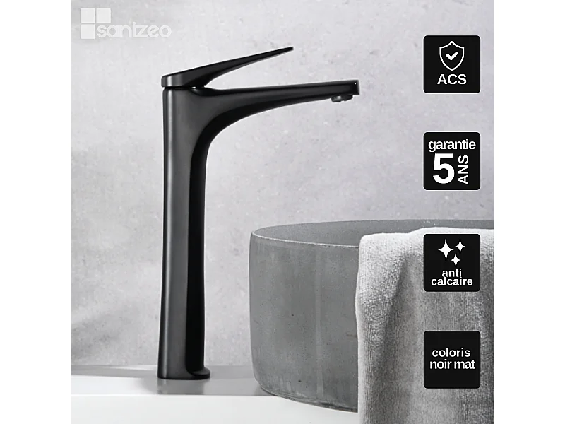 Mitigeur Lavabo Salle de Bain noir mat – Bec Haut Anti-Calcaire – Design moderne - DELOS IMEX