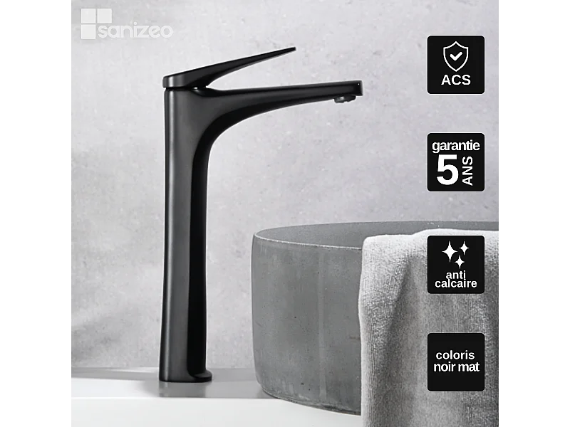 Mitigeur Lavabo Salle de Bain noir mat – Bec Haut Anti-Calcaire – Design moderne - DELOS IMEX