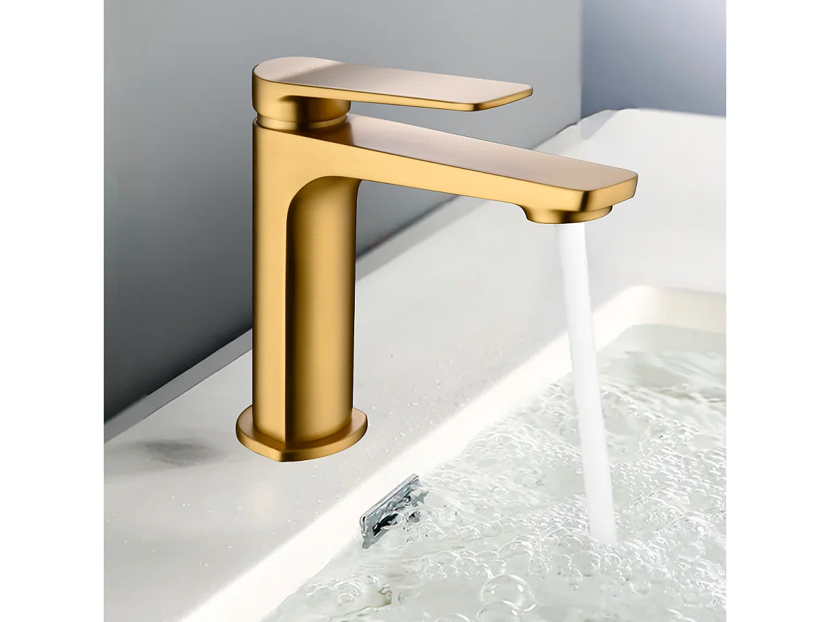 Mitigeur Lavabo Salle de Bain or brossé – Bec Bas Anti-Calcaire – Design Moderne - NAPOLES IMEX