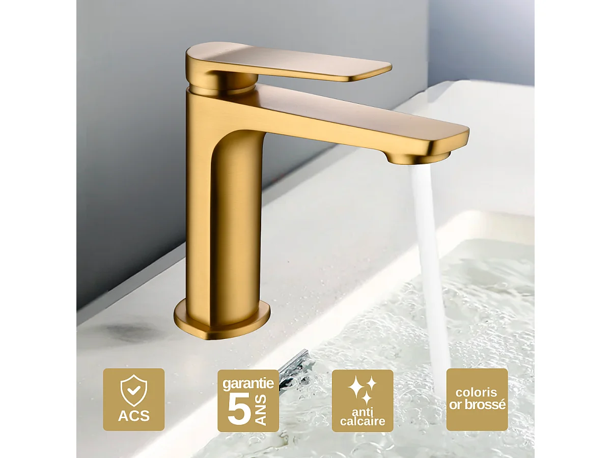 Mitigeur Lavabo Salle de Bain or brossé – Bec Bas Anti-Calcaire – Design Moderne - NAPOLES IMEX