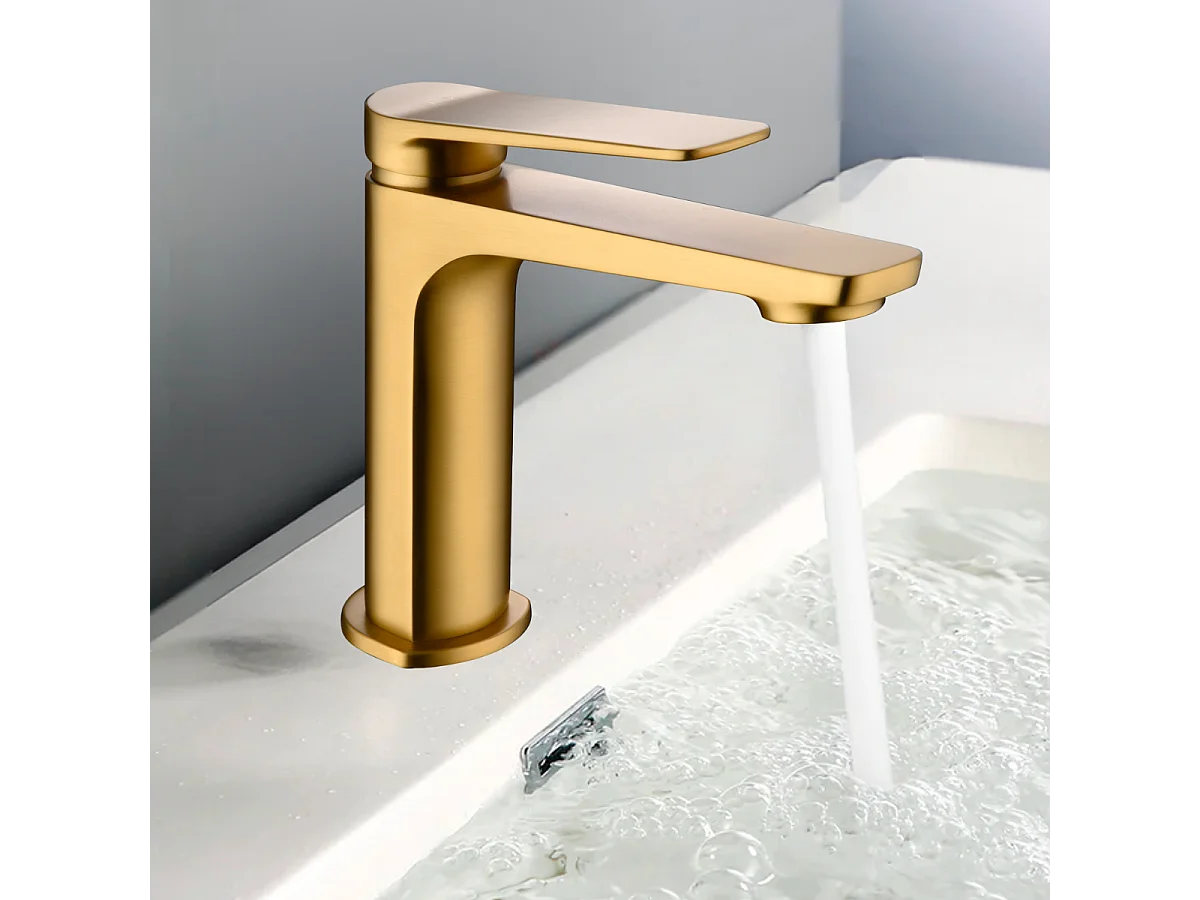 Mitigeur Lavabo Salle de Bain or brossé – Bec Bas Anti-Calcaire – Design Moderne - NAPOLES IMEX