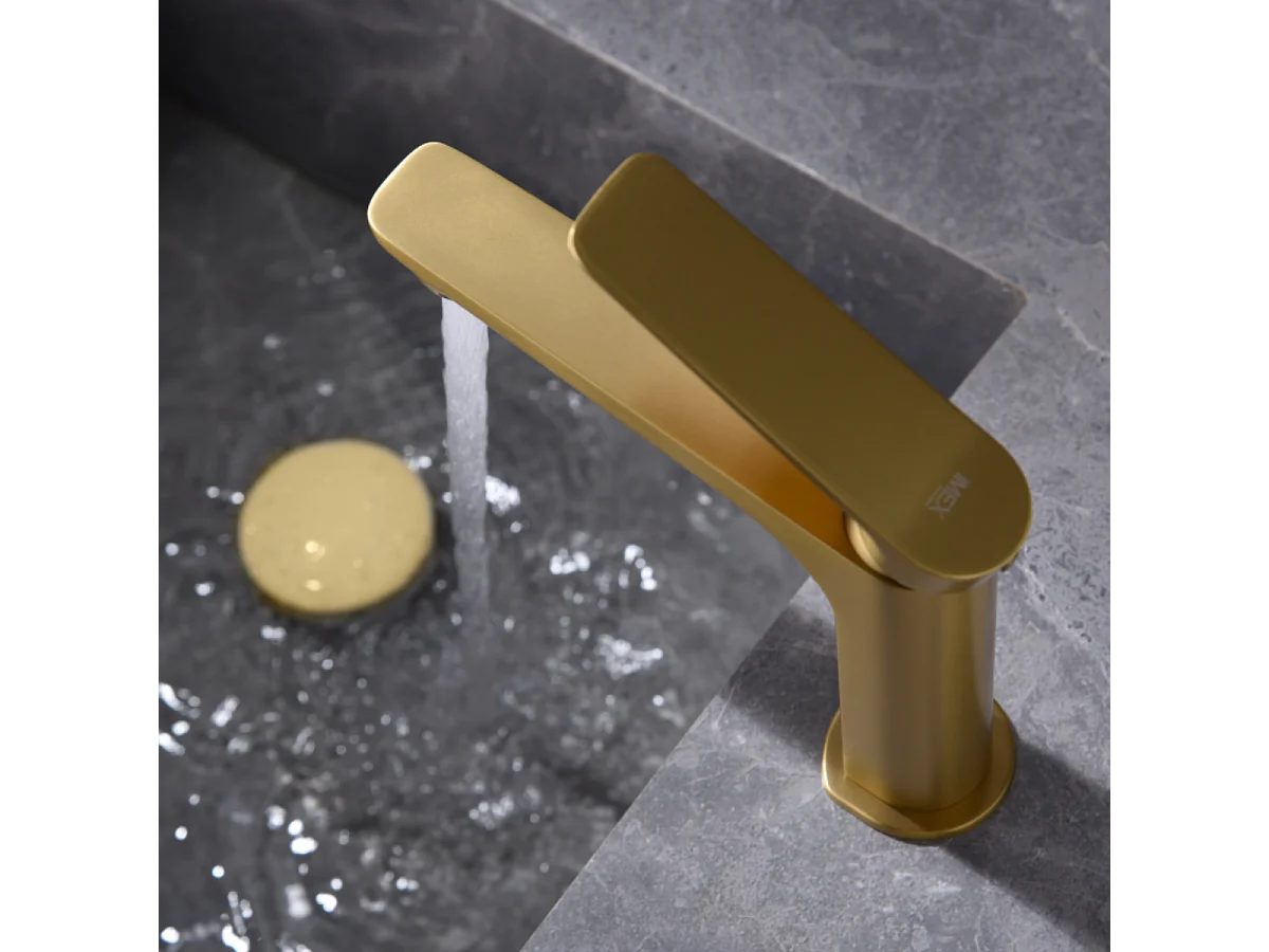 Mitigeur Lavabo Salle de Bain or brossé – Bec Bas Anti-Calcaire – Design Moderne - NAPOLES IMEX