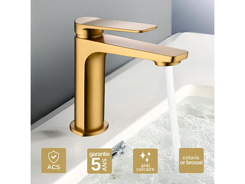Mitigeur Lavabo Salle de Bain or brossé – Bec Bas Anti-Calcaire – Design Moderne - NAPOLES IMEX