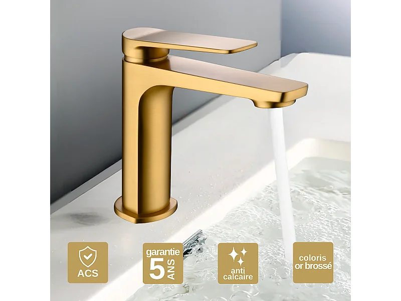 Mitigeur Lavabo Salle de Bain or brossé – Bec Bas Anti-Calcaire – Design Moderne - NAPOLES IMEX