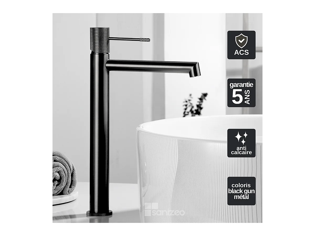 Robinet Mitigeur de Lavabo Anti-Calcaire Bec Haut Black Gun Métal IMEX LINE BDD038-3BGM