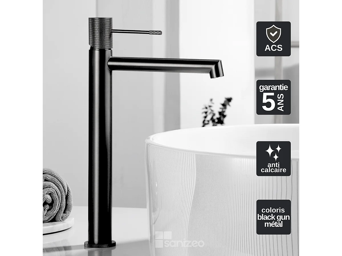 Mitigeur Lavabo Salle de Bain noir métal – Bec Haut Anti-Calcaire – Design moderne - LINE IMEX