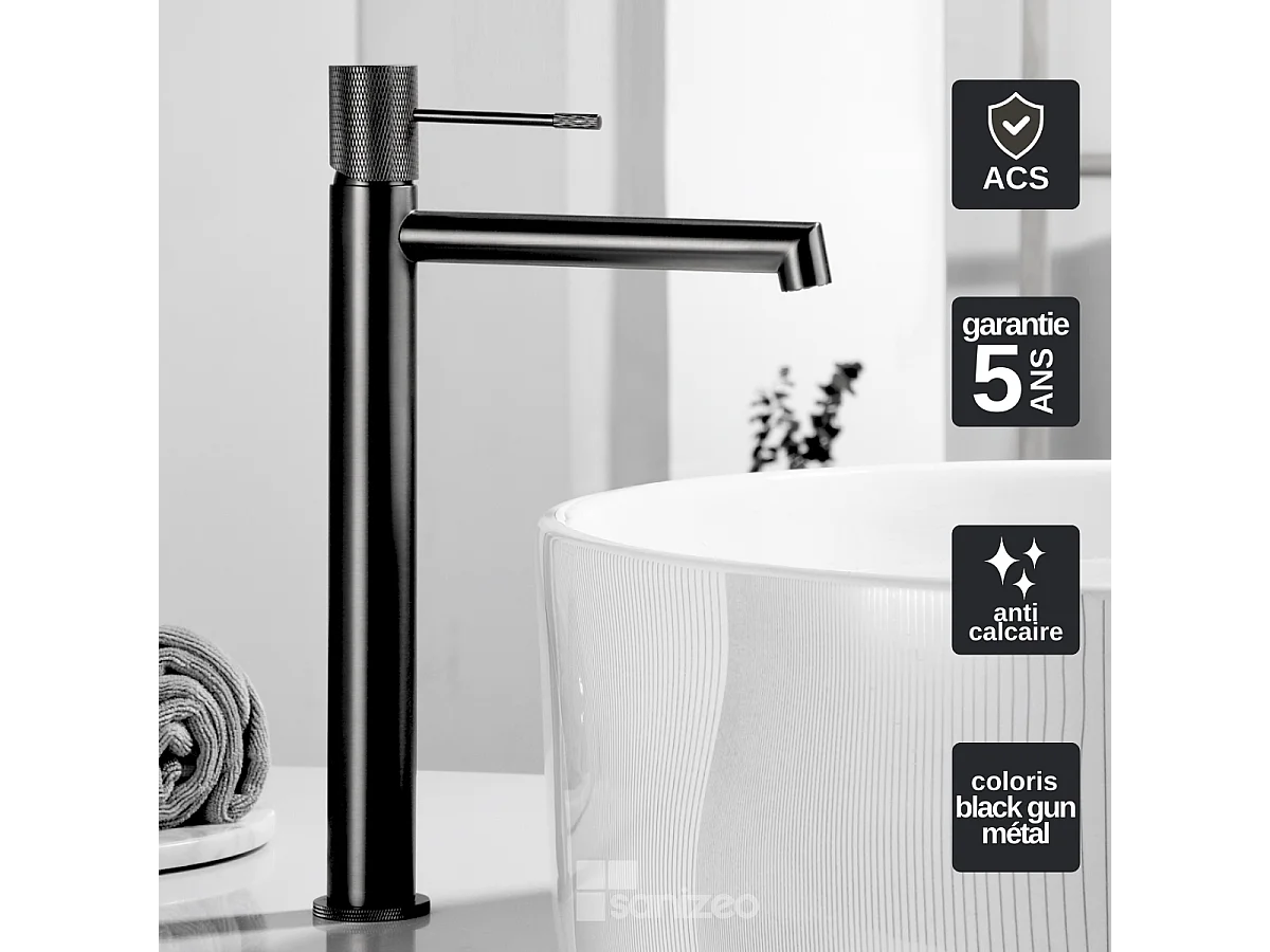 Mitigeur Lavabo Salle de Bain noir métal – Bec Haut Anti-Calcaire – Design moderne - LINE IMEX