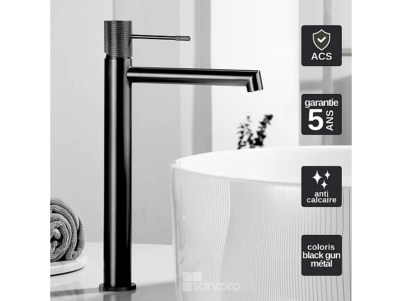 Mitigeur Lavabo Salle de Bain noir métal – Bec Haut Anti-Calcaire – Design moderne - LINE IMEX