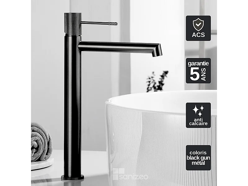 Mitigeur Lavabo Salle de Bain noir métal – Bec Haut Anti-Calcaire – Design moderne - LINE IMEX
