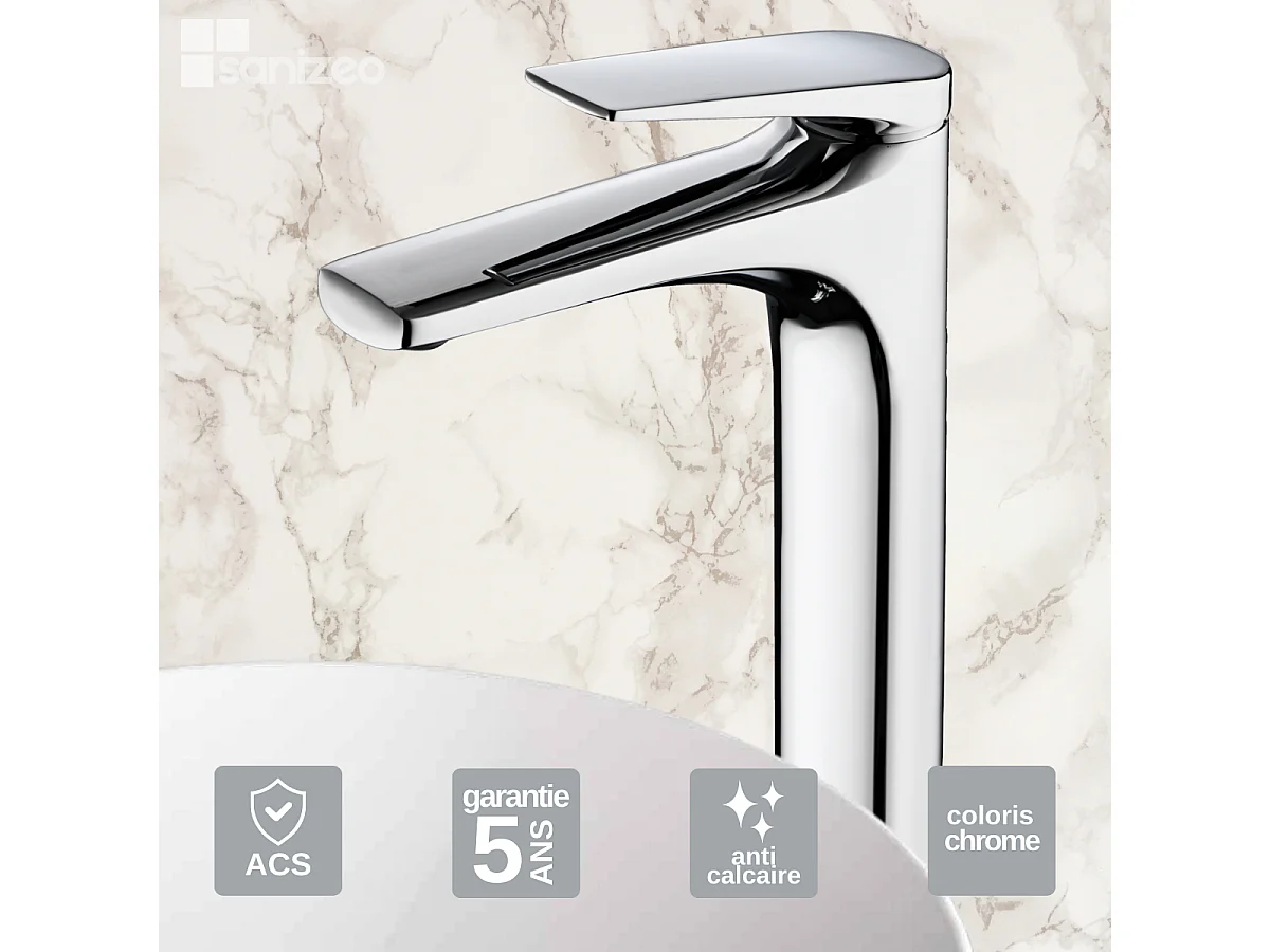 Mitigeur Lavabo Salle de Bain chromé – Bec Haut Anti-Calcaire – Design moderne - DELOS IMEX