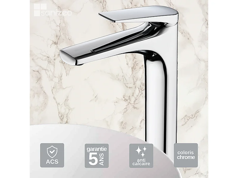 Mitigeur Lavabo Salle de Bain chromé – Bec Haut Anti-Calcaire – Design moderne - DELOS IMEX