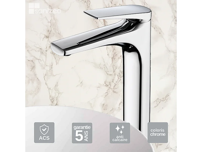 Mitigeur Lavabo Salle de Bain chromé – Bec Haut Anti-Calcaire – Design moderne - DELOS IMEX