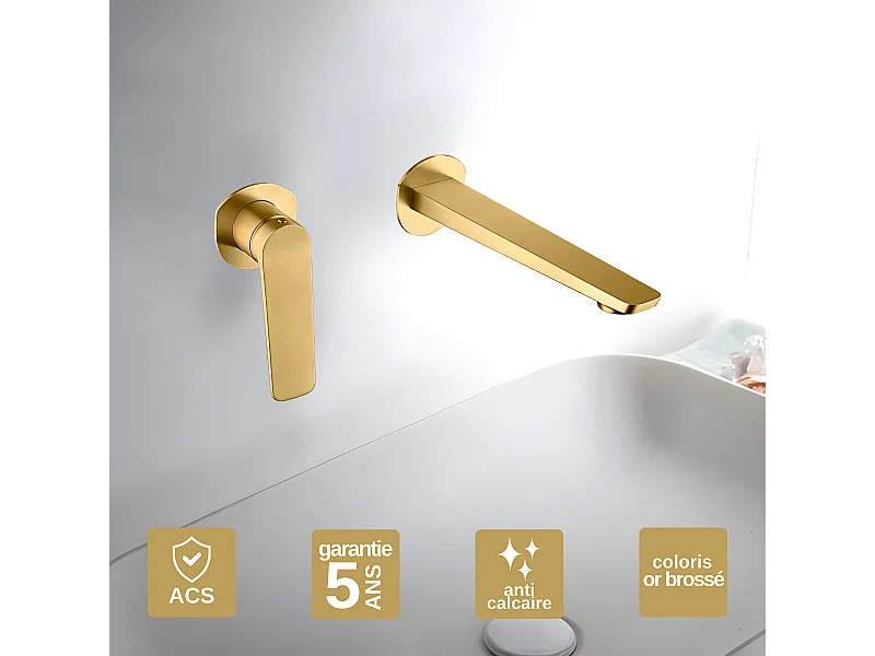 Mitigeur Lavabo Encastré Salle de Bain or brossé – Anti-Calcaire – Design Moderne - NAPOLES IMEX