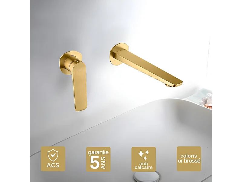 Mitigeur Lavabo Encastré Salle de Bain or brossé – Anti-Calcaire – Design Moderne - NAPOLES IMEX