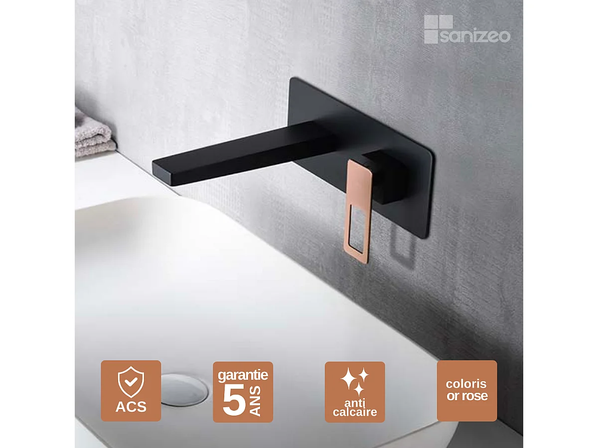 Mitigeur Lavabo Encastré Salle de Bain noir/or rose – Bec Haut Anti-Calcaire – Design Moderne - SUECIA IMEX