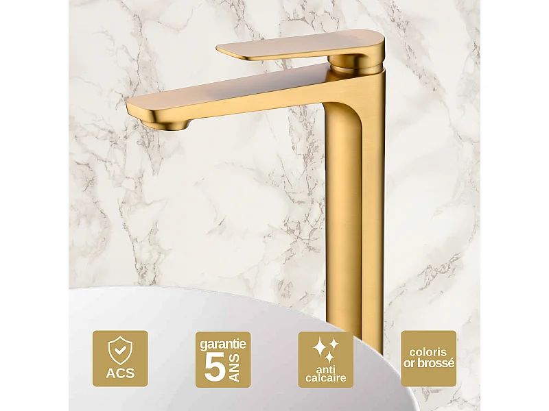 Mitigeur Lavabo Salle de Bain or brossé – Bec Haut Anti-Calcaire – Design Moderne - NAPOLES IMEX