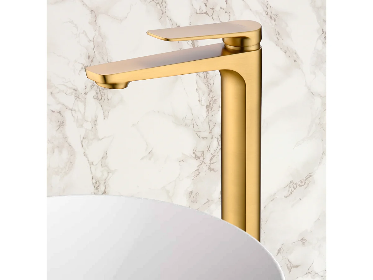 Mitigeur Lavabo Salle de Bain or brossé – Bec Haut Anti-Calcaire – Design Moderne - NAPOLES IMEX