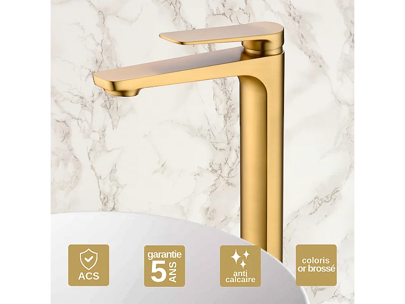 Mitigeur Lavabo Salle de Bain or brossé – Bec Haut Anti-Calcaire – Design Moderne - NAPOLES IMEX