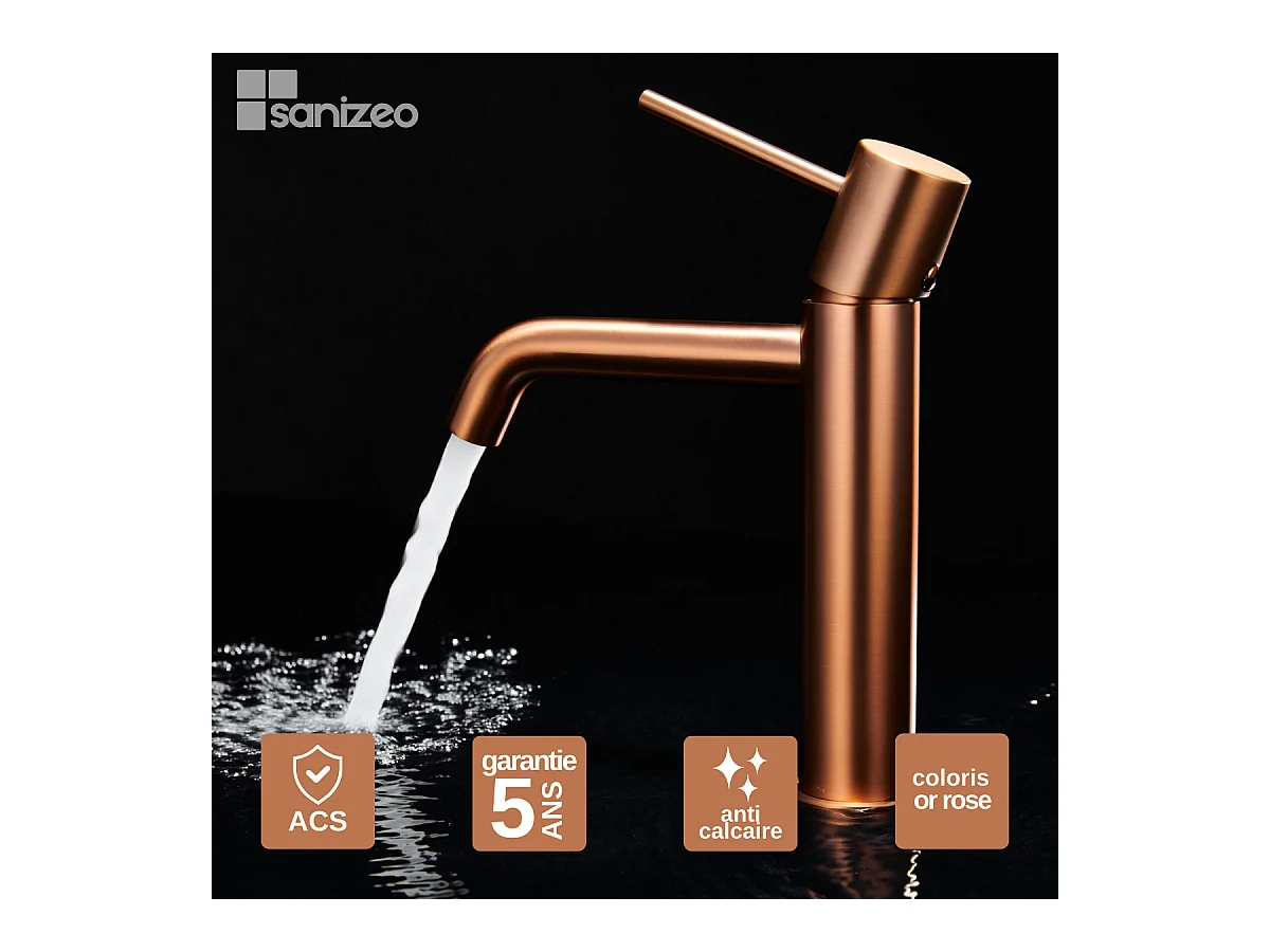 Robinet Mitigeur de Lavabo Anti-Calcaire Bec Bas Or Rose Cuivré IMEX MONZA BDM039-1ORC
