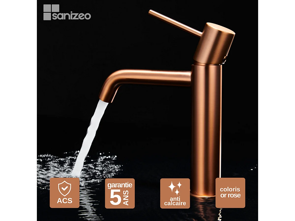Robinet Mitigeur de Lavabo Anti-Calcaire Bec Bas Or Rose Cuivré IMEX MONZA BDM039-1ORC