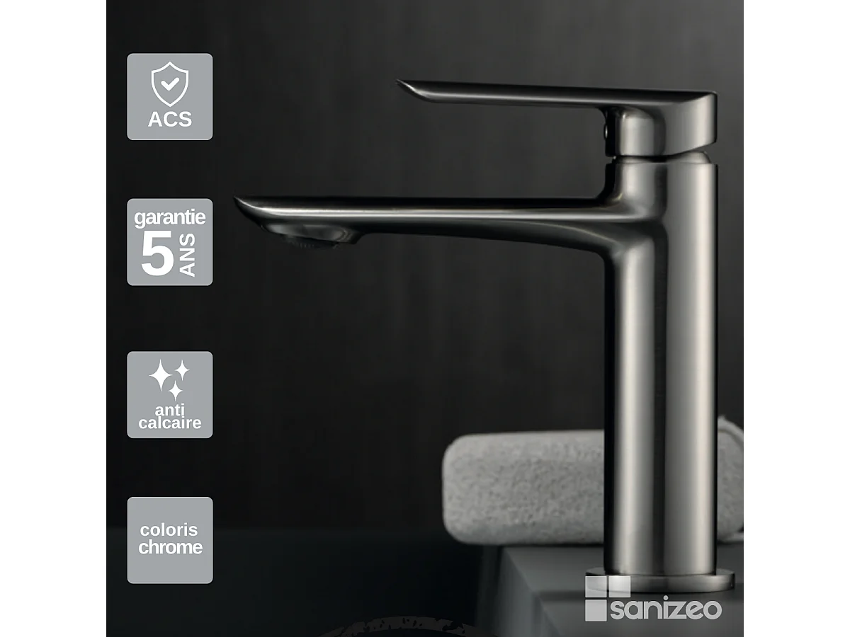 Mitigeur Lavabo Salle de Bain nickel brossé – Bec Bas Anti-Calcaire – Design moderne - URAL IMEX