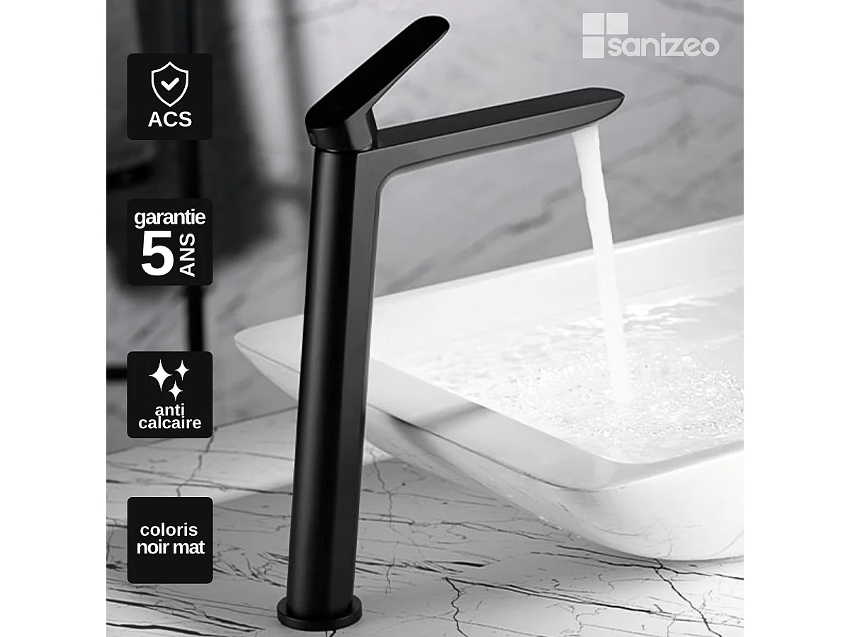 Mitigeur Lavabo Salle de Bain noir mat – Bec Haut Anti-Calcaire – Design moderne - BELGICA IMEX