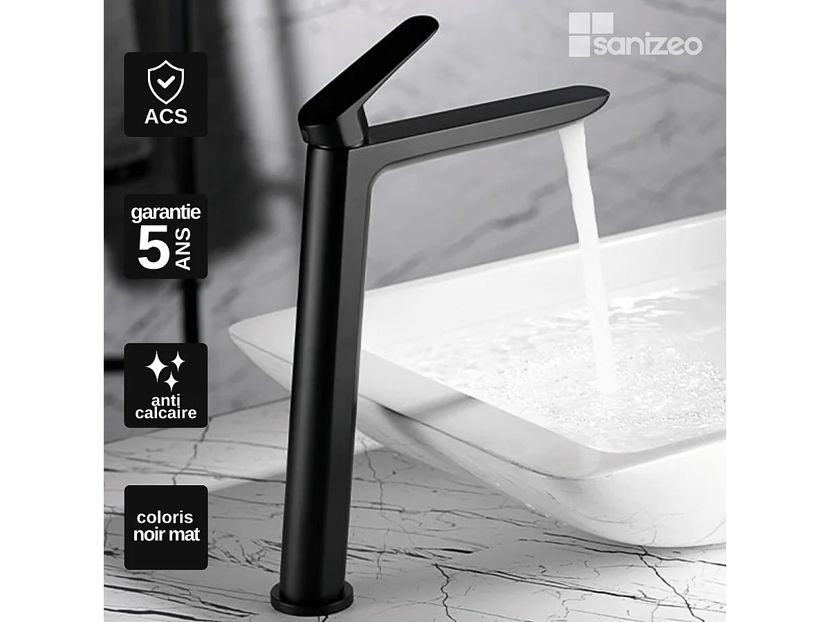 Mitigeur Lavabo Salle de Bain noir mat – Bec Haut Anti-Calcaire – Design moderne - BELGICA IMEX