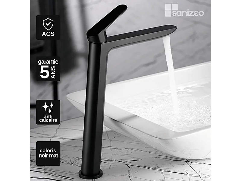 Mitigeur Lavabo Salle de Bain noir mat – Bec Haut Anti-Calcaire – Design moderne - BELGICA IMEX