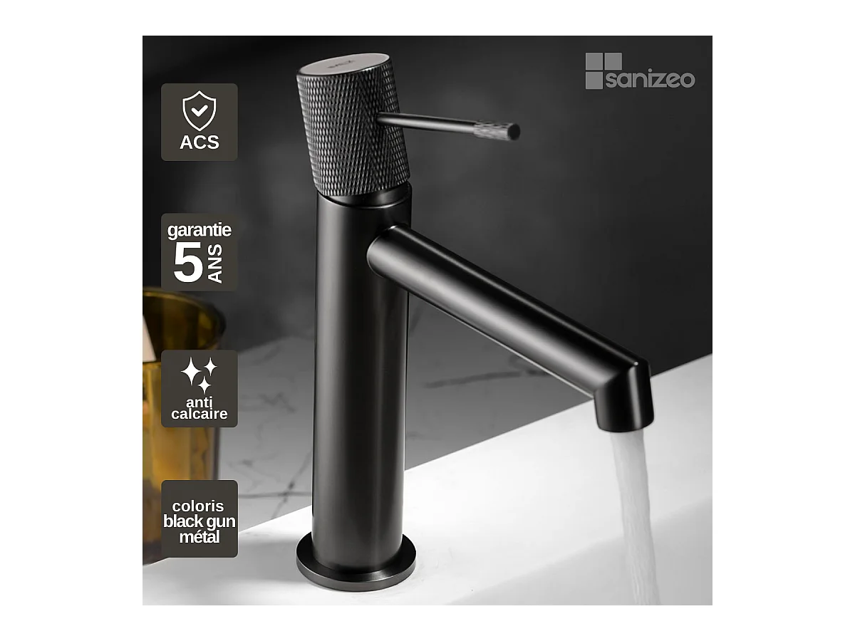 Robinet Mitigeur de Lavabo Anti-Calcaire Bec Bas Black Gun Métal IMEX LINE BDD038-1BGM