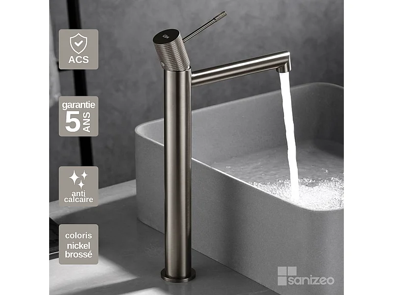 Mitigeur Lavabo Salle de Bain niquel brossé – Bec Haut Anti-Calcaire – Design Moderne - LINE IMEX