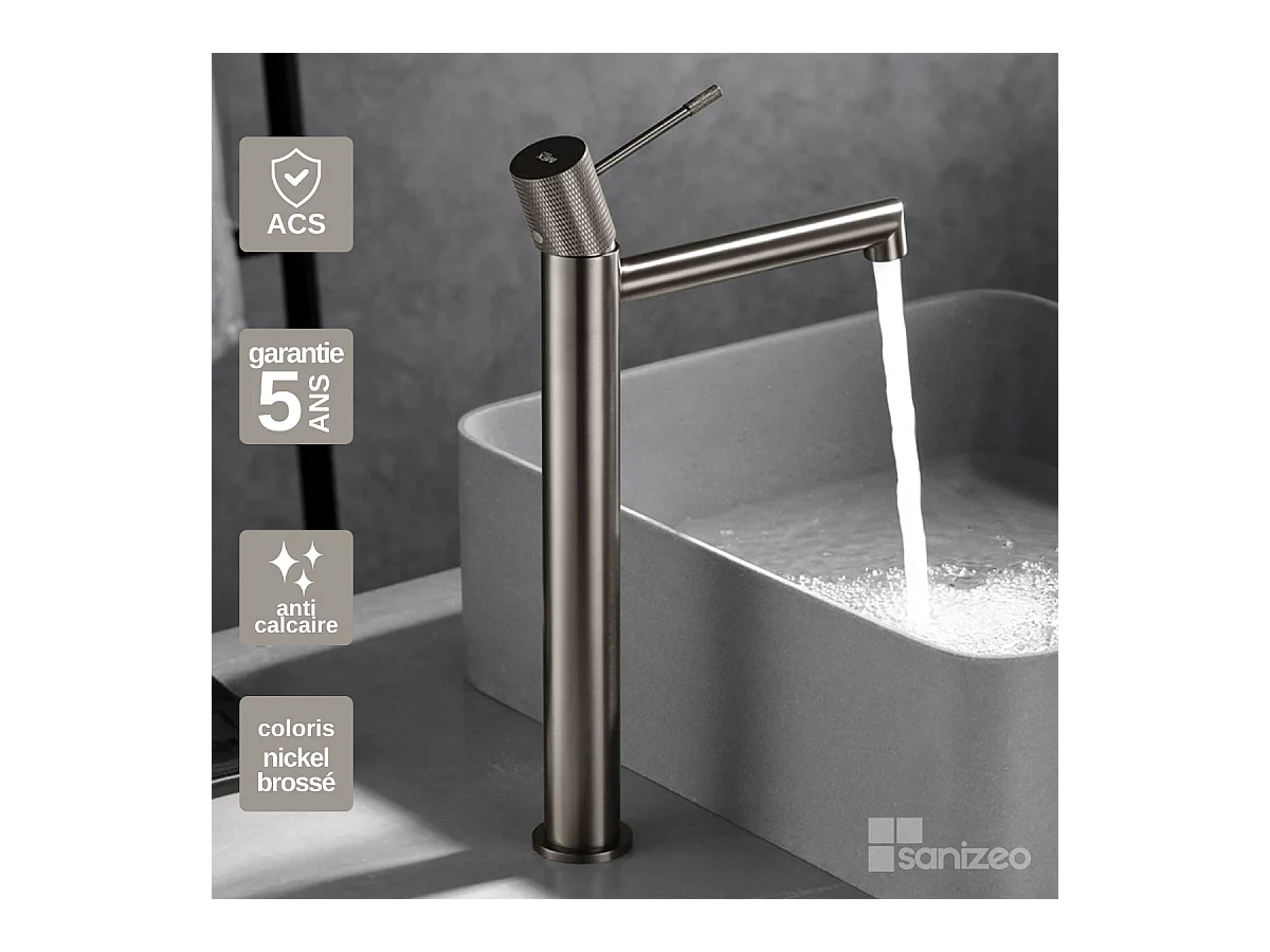 Robinet Mitigeur de Lavabo Anti-Calcaire Bec Haut Nickel Brossé IMEX LINE BDD038-3NQ