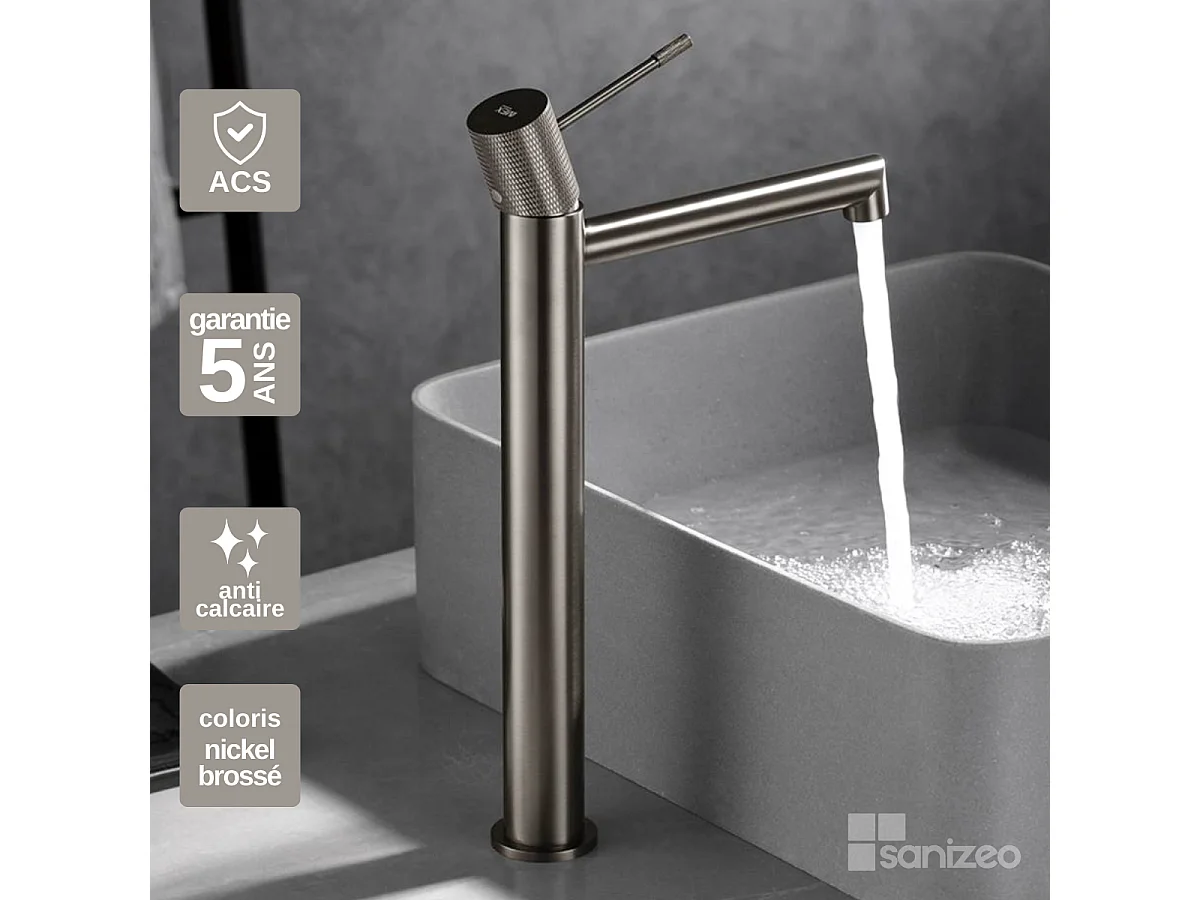 Mitigeur Lavabo Salle de Bain niquel brossé – Bec Haut Anti-Calcaire – Design Moderne - LINE IMEX