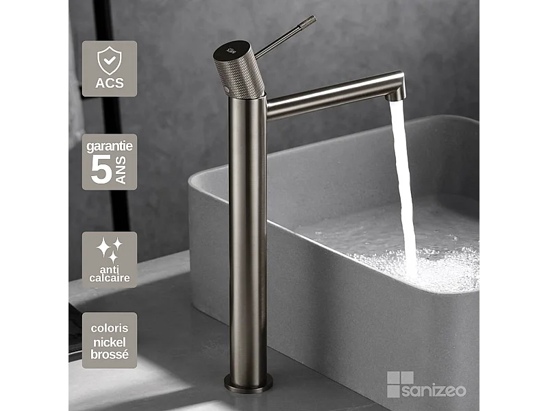 Mitigeur Lavabo Salle de Bain niquel brossé – Bec Haut Anti-Calcaire – Design Moderne - LINE IMEX