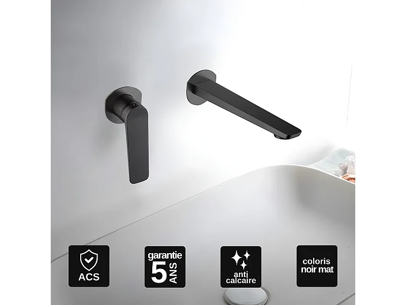 Mitigeur Lavabo Encastré Salle de Bain noir mat – Anti-Calcaire – Design Moderne - NAPOLES IMEX