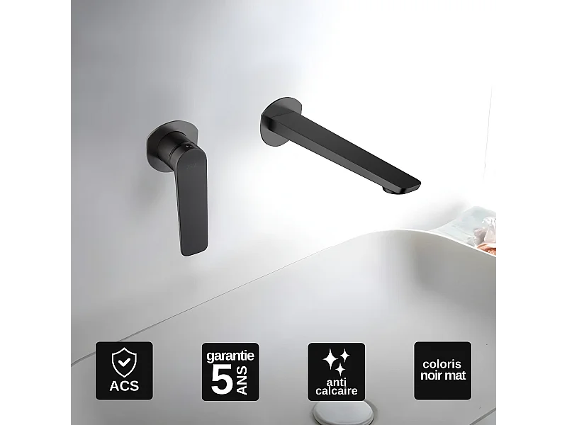 Mitigeur Lavabo Encastré Salle de Bain noir mat – Anti-Calcaire – Design Moderne - NAPOLES IMEX