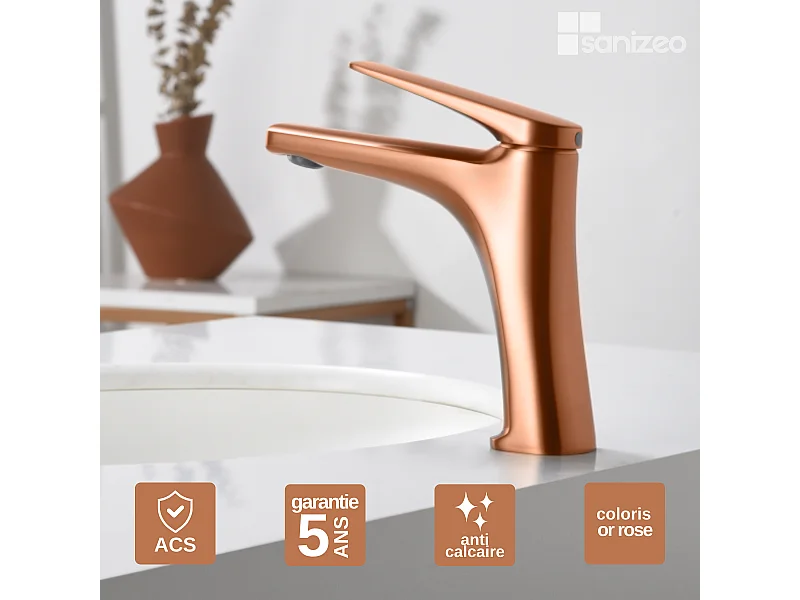 Mitigeur Lavabo Salle de Bain or rose cuivré – Bec Bas Anti-Calcaire – Design Moderne - DELOS IMEX