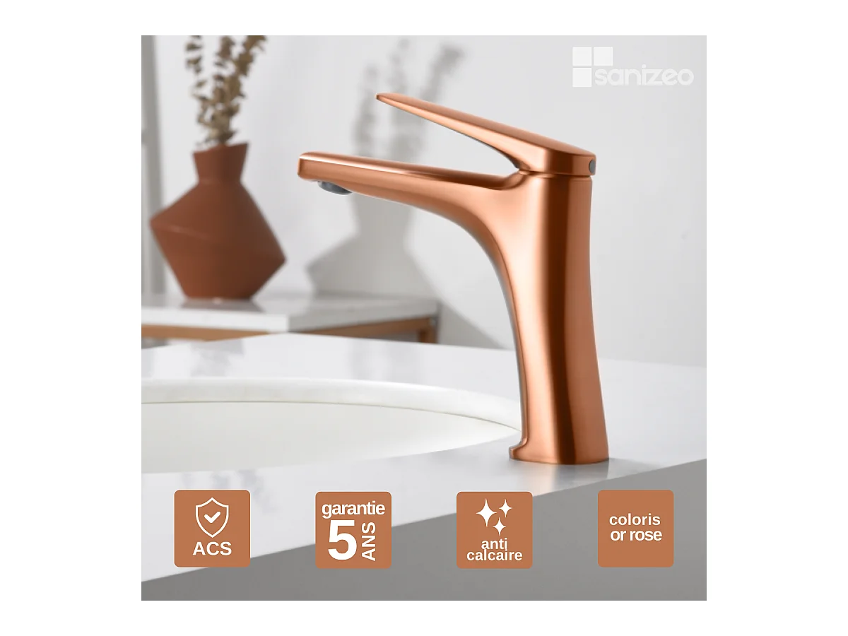 Robinet Mitigeur de Lavabo Bec Bas Anti-Calcaire Or Rose Cuivré IMEX DELOS BDD055-1ORC