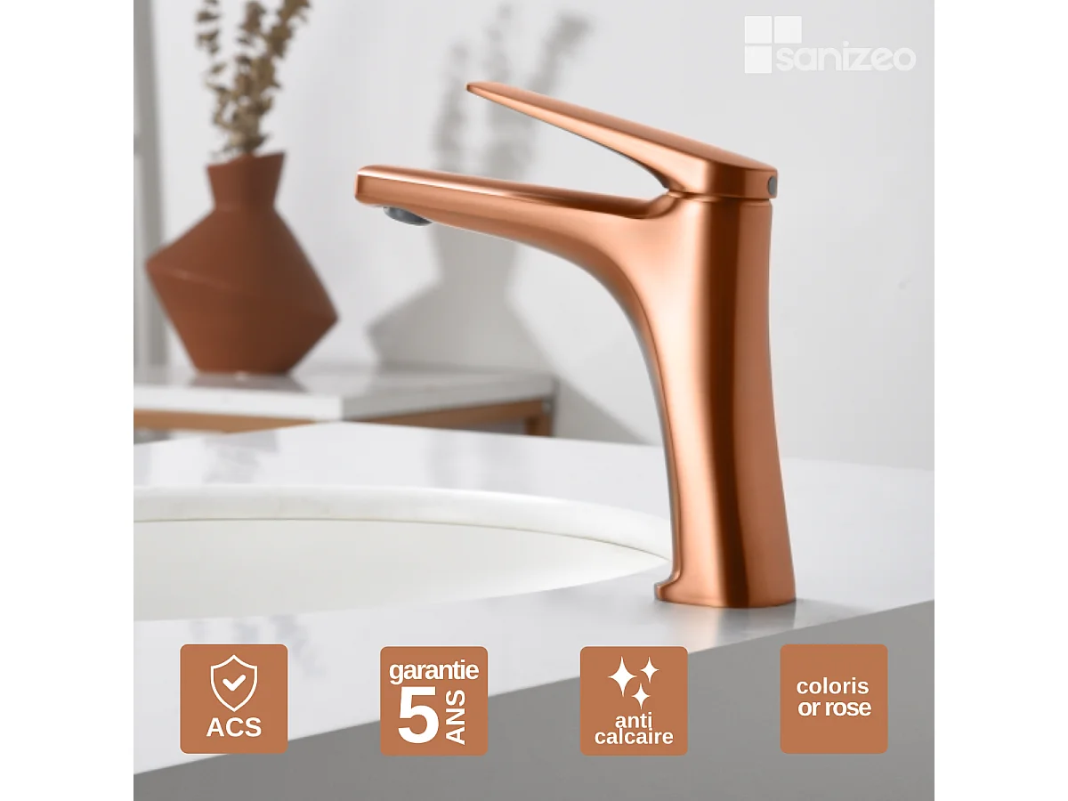 Mitigeur Lavabo Salle de Bain or rose cuivré – Bec Bas Anti-Calcaire – Design Moderne - DELOS IMEX