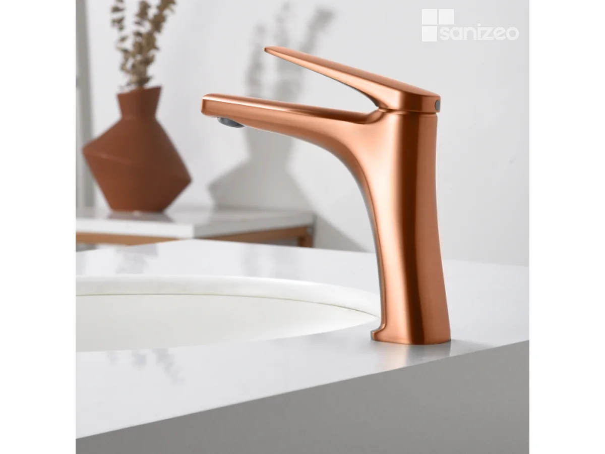 Mitigeur Lavabo Salle de Bain or rose cuivré – Bec Bas Anti-Calcaire – Design Moderne - DELOS IMEX